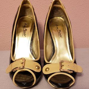 Anne Michelle Black and Creme Peep Toe Heels - 7.5